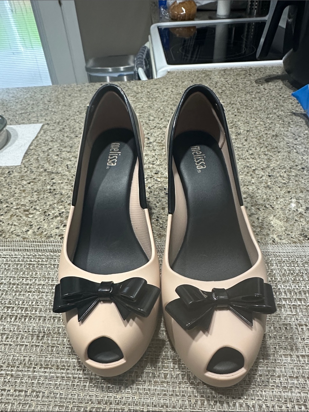 Melissa Women’s Nude Peep-Toe Heels with Black Bow